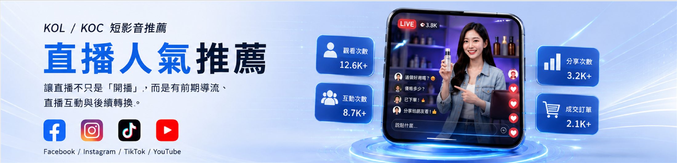 KOL 與 KOC 短影音推薦，搭配觀看、互動、分享與成交數據